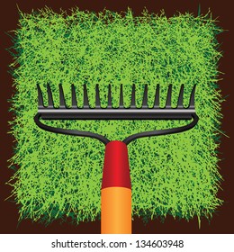 Garden rakes against the green grass turf. Vector illustration. svg