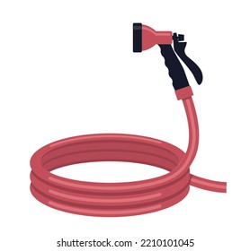 Garden Red Hose. Equipment For Watering Plants, Trees And Bushes. Graphic Element For Website. Active Lifestyle, Yard Care And Gardening. Fireman Rubber Hose. Cartoon Flat Vector Illustration