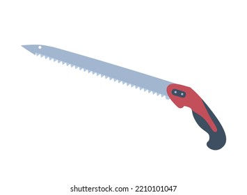 Garden red saw. Toothed blade for tending plants and bushes. Equipment and tool for felling trees on private property. Sticker for social networks and messengers. Cartoon flat vector illustration