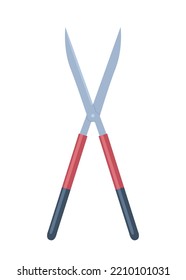 Garden red scissors. Inventory for care of private territory and cutting bushes. Love for nature and plants. Sticker for social media and messengers. Active lifestyle. Cartoon flat vector illustration