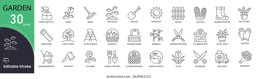 Garden related line icons set. Bundle of green sprout, watering can, seedling, shovel, gloves, pot plant, harvest, supply and other. Editable stroke . Outline icons.