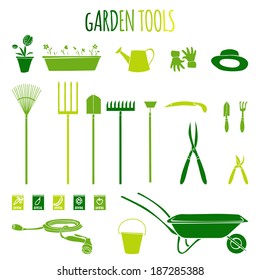 Garden related  tools and accessories with plants cartoon pictograms set isolated vector illustration