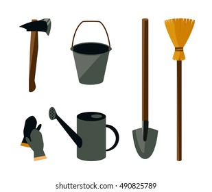 Garden related tools and accessories with plants cartoon pictogram set isolated vector illustration.Gardening isolated color icons with bucket, broom, broom, shovel, gloves, axe, watering can