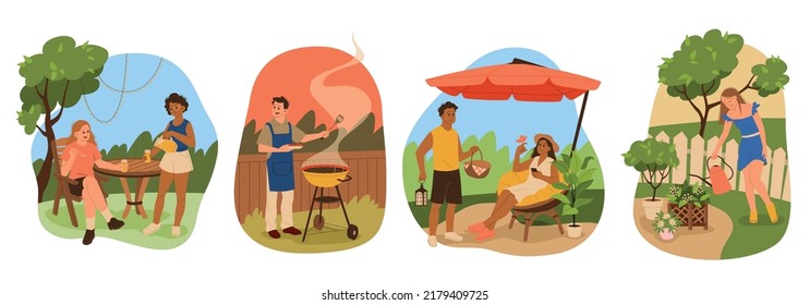 Garden relax people. Happy men and women relaxing in backyard, girls drink lemonade, guy makes barbecue, watering flower care, family picnic, outdoor party tidy vector cartoon flat set