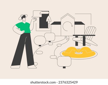 Garden renovation abstract concept vector illustration. Landscaping service, garden maintenance, planting and seeding, flower bed, trees and shrubs, hedge trimming, lawn mowing abstract metaphor.
