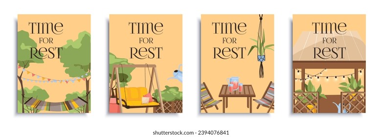 Folleto sobre la cubierta de reposo de los jardines diseñado de forma plana. Plantillas de afiches para relajarse en el patio trasero con hamaca, muebles al aire libre, cenador de madera, terraza de verano y patio con vegetación. Ilustración vectorial.