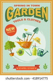Garden retro poster with big slogan ribbon at the bottom and gardening tools at the center vector illustration