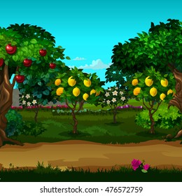 A garden with ripe fruit. Vector illustration.
