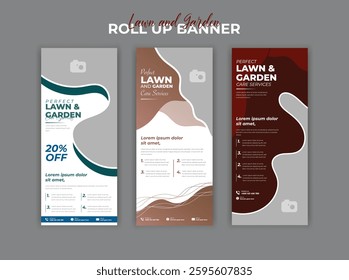 Garden Roll Up Banner Template for Landscaping and Lawn Care Services Featuring Professional Design with High Quality Graphics Ideal for Outdoor Gardening Businesses and Promotional Events in Editable