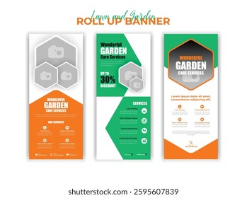 Garden Roll Up Banner Template for Landscaping and Lawn Care Services Featuring Professional Design with High Quality Graphics Ideal for Outdoor Gardening Businesses and Promotional Events in Editable