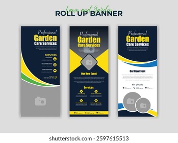 Garden Roll Up Banner Template for Landscaping Lawn Care and Gardening Services Featuring Professional Design Ideal for Outdoor Maintenance and Yard Work Fully Editable Vector EPS Format for Business.