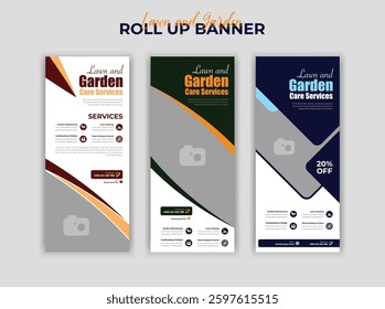 Garden Roll Up Banner Template for Landscaping Lawn Care and Gardening Services Featuring Professional Design Ideal for Outdoor Maintenance and Yard Work Fully Editable Vector EPS Format for Business.