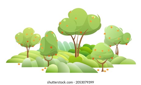 Garden and rolling hills. Rural landscape with fruit trees and farmer hills. Ripe apricot. Cute funny cartoon design illustration. Flat style. Isolated on white. Vector