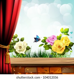 Garden roses with brick wall and red curtain