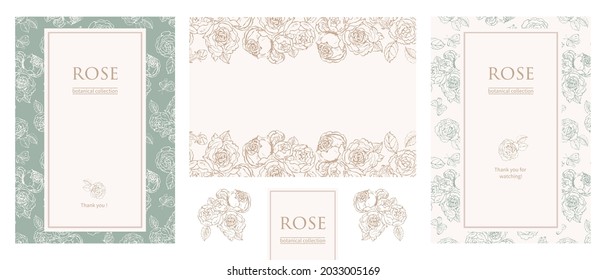 Garden roses flowers with leaves and butterflies. Three-part invitation card templates set. Floral print. Vector illustration. For postcards, invitations, flyers, menus, advertisements, web, etc.