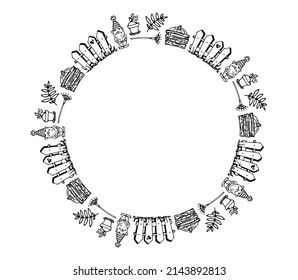 garden round template. doodles in a circle flower pot, leaf, garden gnome, fence, pumpkin in a box, with empty space for text isolated black outline on white for design template