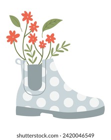 Bota de tobillo de goma de jardín con flores y verduras. Concepto de primavera. Ilustración de vector dibujada a mano en diseño plano