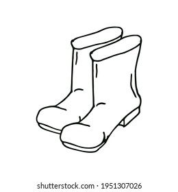 Garden rubber boots in doodle style. Gardening. Template for postcard, banner, poster, web design. Hand Drawn vector illustration.