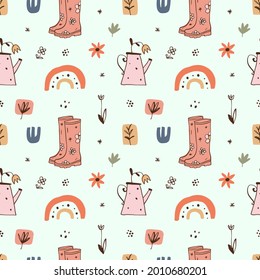 Garden rubber boots girl seamless pattern summer art print, doodle girly childish wallpaper.