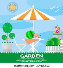 Garden rural elements - tree, flowerbed, flowers, umbrella, chair, table, watermelon in vector flat style. Garden landscape â?? summer picnic. Ecology clean air.