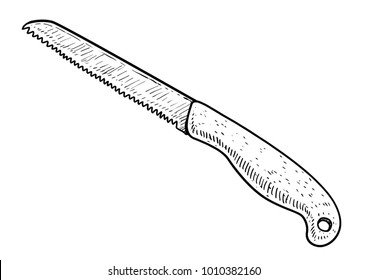 Garden saw illustration, drawing, engraving, ink, line art, vector