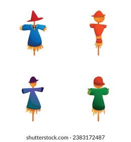 Garden scarecrow icons set cartoon vector. Funny bird scarecrow. Cartoon character