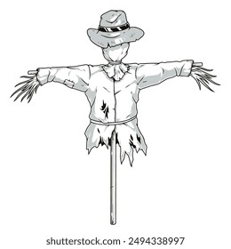 Garden scarecrow monochrome detailed sticker in shabby jacket and old hat to scare away birds from farm plantations vector illustration