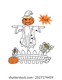 Garden scarecrow with a pumpkin head. Funny pumpkin in clothes and hat. Halloween, outline drawing, sketch, hand lettering. Fence, vegetable garden with pumpkins. 