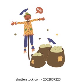 Garden scarecrow of pumpkin and lard, three sacks of potatoes and two crows. Quote in speech bubble Boo! Cartoon, flat style, isolated elements, vector illustration. Farming, growing, and harvesting.