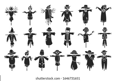 Garden scarecrow vector black set icon.Isolated set black icon halloween of scare.Vector collection garden scarecrow on white background .