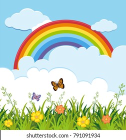 Garden scene with butterflies and rainbow illustration