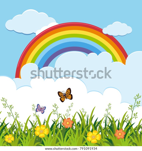 蝶と虹のイラストを持つ庭の風景 のベクター画像素材 ロイヤリティ