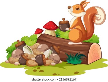 Garden scene with cute squirrel illustration