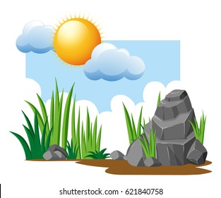 Garden scene with grass and rocks illustration