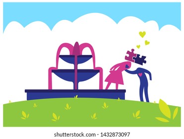 A garden scene of a kissing couple with jigsaw puzzle as interlocking symbol of their intimacy