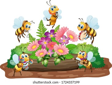 Garden scene with many bees flying on white background illustration