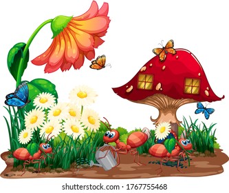 Garden scene with many insects on background illustration