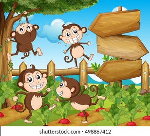 Garden scene with monkeys and signs illustration
