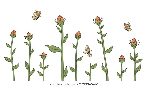 Cena de jardim com fileiras de botões de flores diferentes e borboletas delicadas flutuando no ar em um fundo branco.
