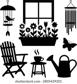 Garden scene silhouette with window box flowers, bird cage, wind chimes, butterfly, chair, and watering can