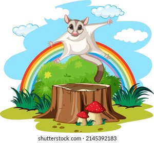 Garden scene with sugar glider on the log illustration