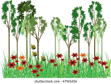 a garden scene with trees and flowers