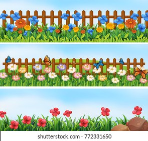 Garden scenes with flowers and fence illustration