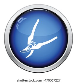 Garden scissors icon. Glossy button design. Vector illustration.