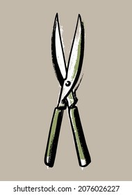 Garden scissors for knots with a long blade. Illustration in the style of a careless sketch.