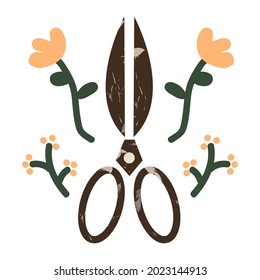 Garden scissors with minimalist boho flowers and plants. Plant care concept. Modern Cartoon flat vector illustration isolated on white background