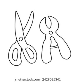 Garden scissors. Outline isolated icons. Hand drawn illustration on white background.