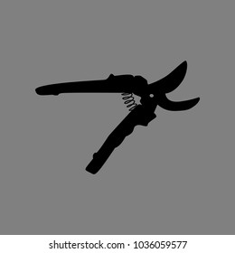 Garden scissors sign. Vector. Black icon on medium gray background. Isolated.