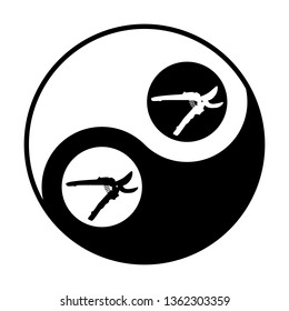 Garden scissors sign. Vector. Black and white icon inside circles of yin and yang symbol at white background.