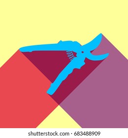 Garden scissors sign. Vector. Deep sky blue icon with two flat violet and raspberry semitransparent shadows on canary background.